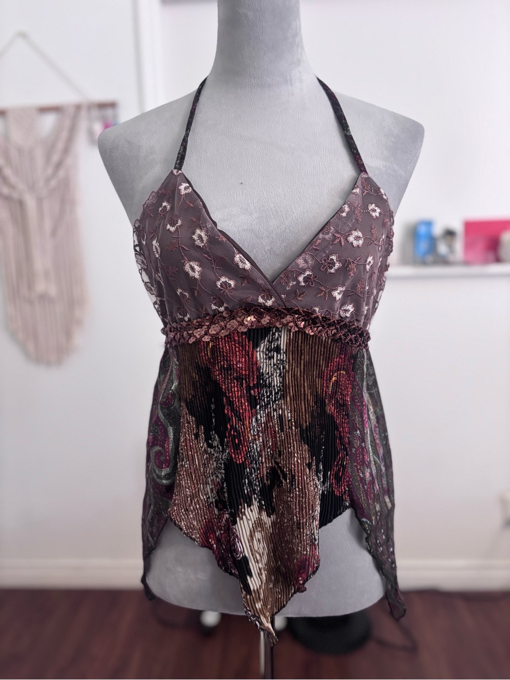 Floral Lace, Brown Halter Babydoll Top
